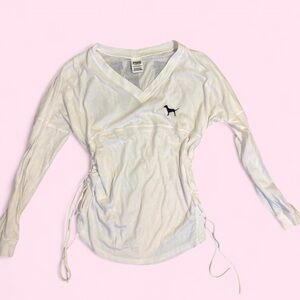 PINK Victoria's Secret Cream V-Neck Long Sleeve Tee